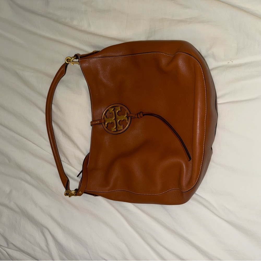 Tory Burch Cognac Leather Shoulder Bag with Logo Medallion